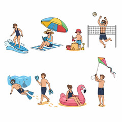 Summer beach activities set: surfing, volleyball, sunbathing, snorkeling, sandcastles, kite flying, and relaxation icons collection. © Maya