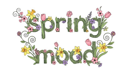 A delightful springtime illustration featuring 'Spring Mood' intricately formed by lush green botanical letters adorned with radiant yellow pink and