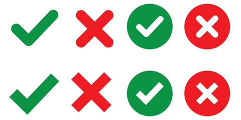 Obraz premium Green check mark, red cross mark icon set. Vector illustration.