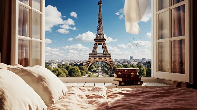 Sunlit Parisian Bedroom with Open Window Framing The Eiffel Tower View