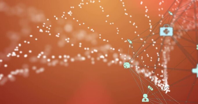 Wireframe network entering right emitting dotted streams forming spiral arcs to show health data