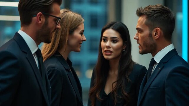 Business competition, four stylish business persons in suits having disagreement and conflict, standing together near desktop in front of each other, face to face with disrespect expression.