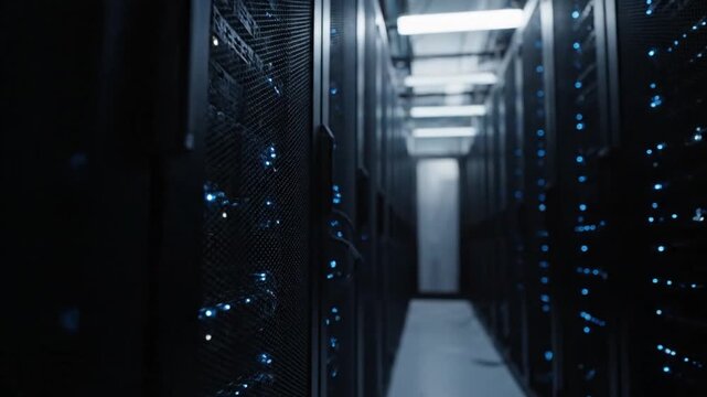 The camera moves down a dark server room aisle lined with towering racks. Countless blinking blue lights signify intense data processing and high-tech network infrastructure over 8 seconds.