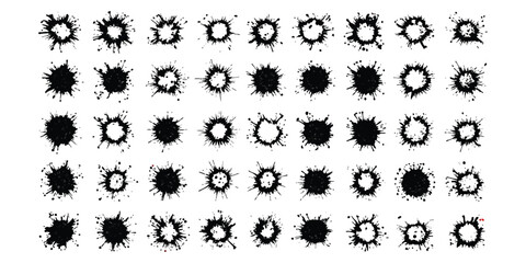 Fototapeta premium A collection of various ink splatters and paint blots in black on a white background, arranged in a grid pattern for graphic design use.