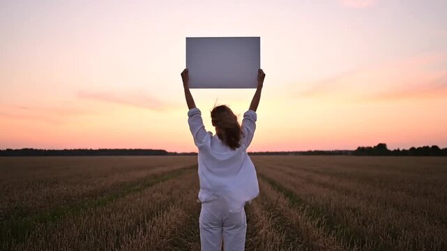 A woman stands in a vast field during a colorful sunset, holding a blank white sign high above her head. The video captures her silhouette against the vibrant sky, symbolizing protest, hope, or a mes