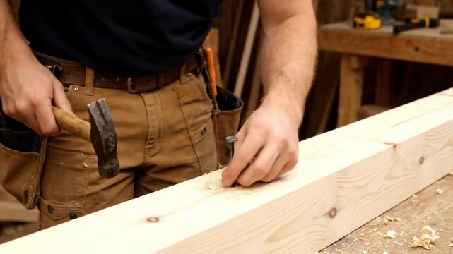 A carpenter hammers a nail into wood, working with tools in a workshop