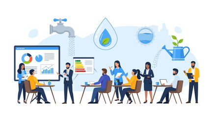 People Collaborating on World Water Day Project Around Table with Illustrations