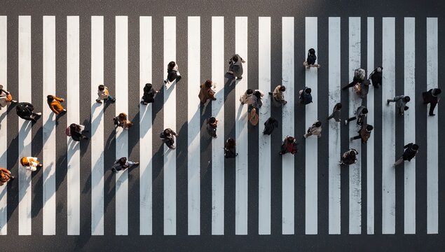 Overhead view of pedestrians crossing a busy street on a zebra-striped crosswalk