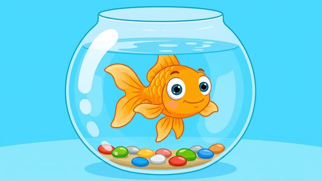 A cartoon goldfish swims in a glass bowl filled with water and pebbles