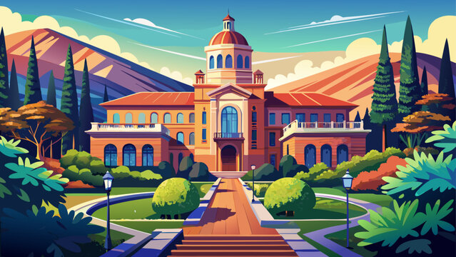 Very beautiful architectural view of the Hearst Memorial Mining Building on the University of California, Berkeley campus in Berkeley, California, USA, reflecting academic heritage and scientific stud