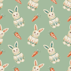 Obraz premium Easter rabbits and carrots on soft sage green background colors as watercolor illustration, hand drawn seamless pattern. Designed for wallpaper, fabric printing, wrapping paper, stationery