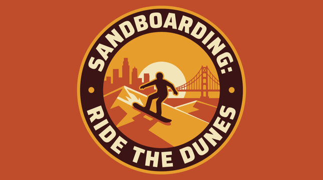 Circular emblem of an extreme sandboarding adventure with a city skyline and sunset background
