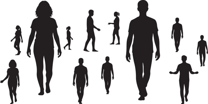 Silhouettes of people walking in various directions together freely