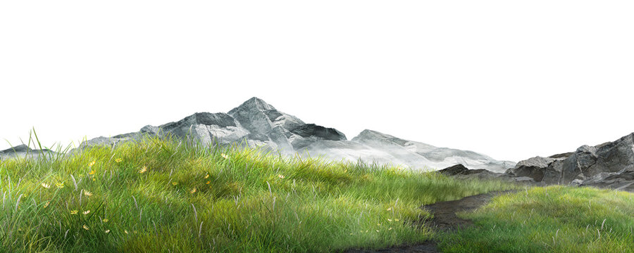 mountain landscape with mountains/Green meadow with a natural path leading toward rocky mountains, isolated on white background, ideal for landscape banners, travel concepts, and outdoor background de