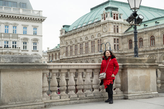 Tourist enjoying city view at Albertina terrace in Vienna