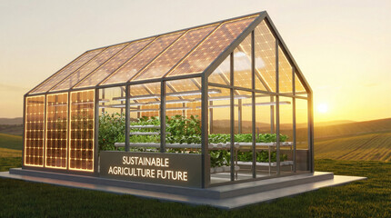 Obraz premium Vibrant future harvests thrive within a solar powered greenhouse, its glass panels gleaming under the golden sunset across verdant fields