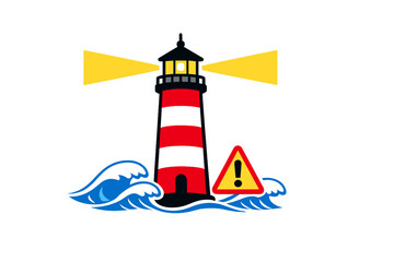 Fototapeta na wymiar A graphic illustration of a red and black striped lighthouse emitting yellow light beams over blue ocean waves, featuring a yellow warning sign with an exclamation mark.