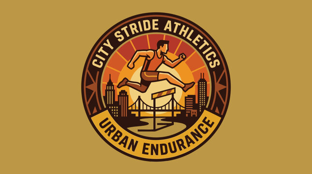 City Stride Athletics Urban Endurance Dynamic Hurdler Silhouette with Cityscape Backdrop for Sporting Events