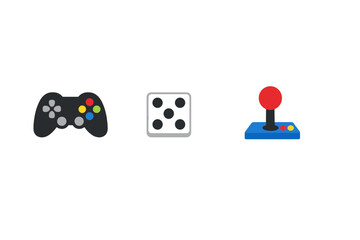A collection of three gaming icons including a black game controller, a grey die showing five dots, and a blue arcade joystick with a red ball top, all set against a black background.
