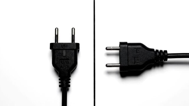 The video features a rhythmic, alternating sequence of a black two-pin Euro-style electrical plug, first presented vertically and then horizontally against a stark white background over an eight-seco