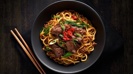 Old Friend Noodles featuring slow-cooked beef, glossy noodles, fried garlic, chili flakes, and scallions, Chinese Cuisine, Asian Cuisine, Guangxi Cuisine