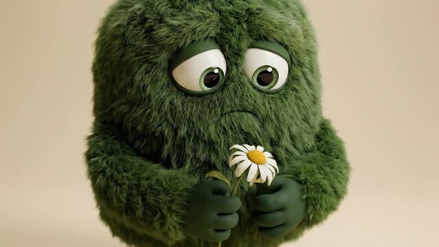 A green, furry monster holding a daisy against a beige background expresses sadness and anger. The concept is reminiscent of depression, poor health, and emotional distress.