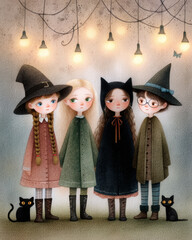 Whimsical watercolor vintage illustration of four children in witch costumes with hats and black cats under hanging lights, vintage style, magical atmosphere, storybook art.