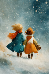 Watercolor vintage, illustration of two children seen from behind walking together in falling snow, wearing coats and scarves, nostalgic winter mood, soft painterly texture.