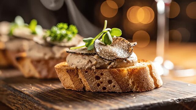 A close-up shot of gourmet p&acirc;t&eacute; crostini topped with fresh microgreens, served elegantly on a dark wooden board, conveying a warm and luxurious dining mood in a restaurant setting.