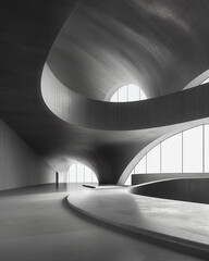 Modern futuristic interior with sweeping concrete curves and architectural light