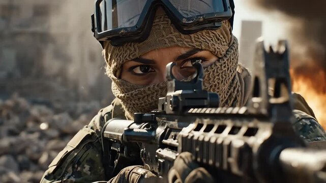 A gritty, close-up, cinematic shot of a determined female soldier aiming her assault rifle through the sight in a destroyed urban war zone.