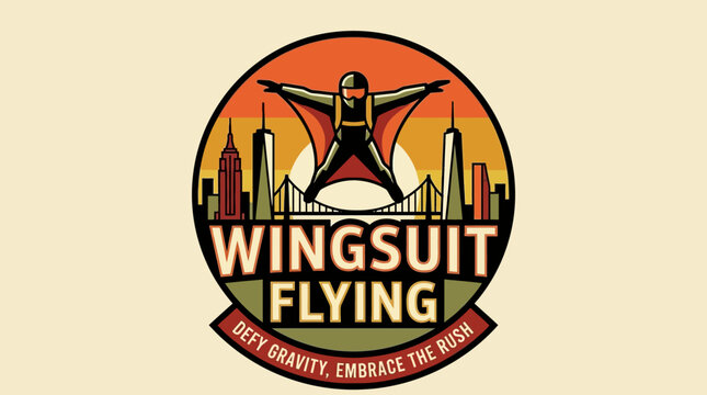 Retro emblem of a wingsuit flyer soaring over a modern city skyline at sunset, an extreme sport concept