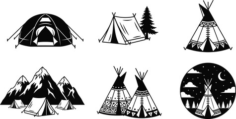 Black and white of various camping tents and mountain scenery with a night sky scene teepee mountains © Icons World