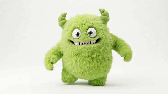Happy green creature stands, bounces, and lands in a playful animation loop, portraying joy and cartoon movement. Children's footage depicting excitement and anticipation.