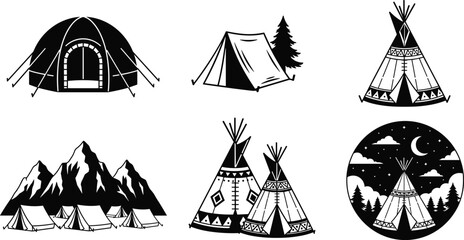 Black and white of various tents and tepees in different outdoor settings with mountains and night sky © Icons World