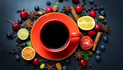 vibrant coffee cup amidst colorful fruits and spices on a dark background