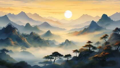 misty mountains sunrise landscape traditional chinese ink wash painting