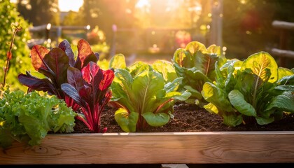 lush vegetable garden in raised wooden bed with vibrant green lettuce and red chard basking in the golden sunlight symbolizing organic growth and sustainable gardening