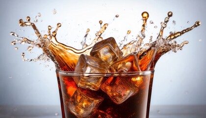 refreshing splash of cola with ice cubes perfect for summer drinks or beverage promotions high quality