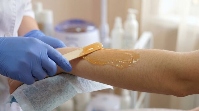 
Esthetician in blue gloves performing professional waxing procedure on client's arm. Close-up of gentle hair removal technique in modern beauty salon. Body care and grooming service concept