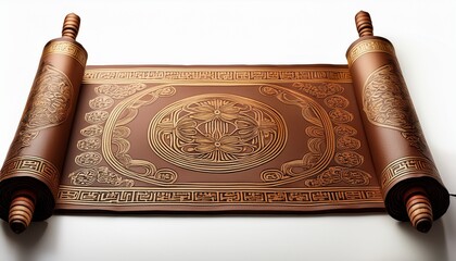 an ornate unrolled asian style scroll with intricate designs providing an elegant frame for text or imagery isolated on white high quality