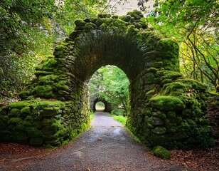 a moss covered stone archway at ballysaggartmore towers in lismore county waterford ireland this historic structure is surrounded by lush greenery creating a mystical and enchanted forest
