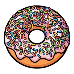 Tasty donut topped with icing and sprinkles. Fun flat illustration suitable for bakery menus and dessert themes.