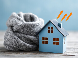 Cozy Light Blue Miniature House Wrapped in Gray Knitted Scarf, Stylized Orange Heat Arrows, Winter Comfort and Energy Efficiency Concept, Minimalist Digital Art