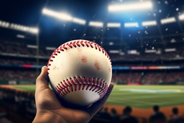 Hand holding a baseball with red stitching, blur of a illuminated stadium in the background