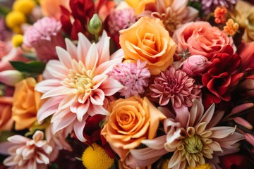 Close up of a floral bouquet featuring colorful dahlias, roses, and other blossoming flowers