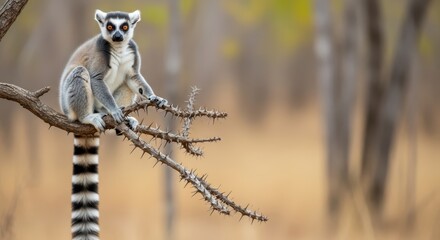 Fototapeta premium Ring-tailed Lemur Perched on a Dry Branch in Madagascar