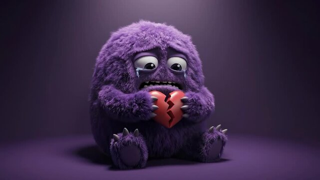 Purple monster experiencing heartbreak, sitting, crying, holding a broken heart. A concept of sadness and emotion for emotional support, breakups, and divorce.
