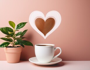 stylish cup with coffee potted plant and heart doodle on a minimalist background