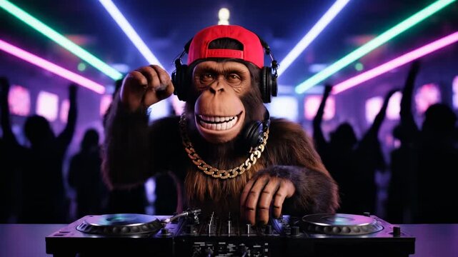 A chimp in a red cap is DJing at a nightclub with people dancing